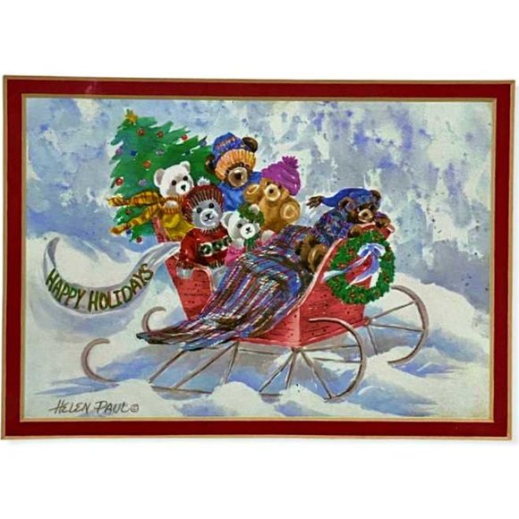 Pair Helen Paul Winter Christmas 11.5" x 9.5" Gold Framed Art Prints Teddy Bears - Picture 9 of 12